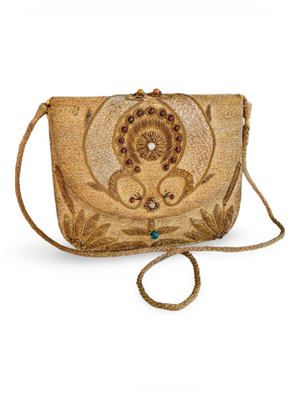 Antique dark gold embroidered shoulder bag with beads haute bohemian chic